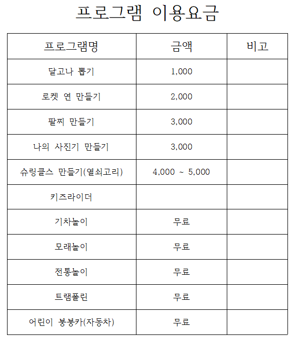 대가야생활촌 키즈랜드로 놀러오세요~~ 첨부이미지 : 프로그램 이용요금.png